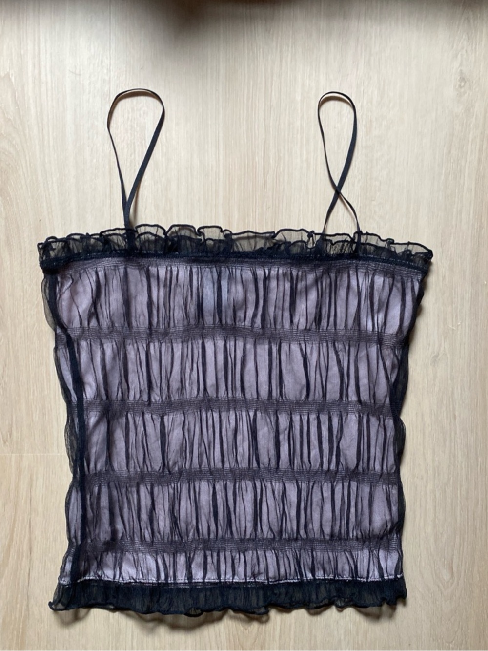 Express Black Mesh Ruffle Trim Cami with Pale Pink Lining